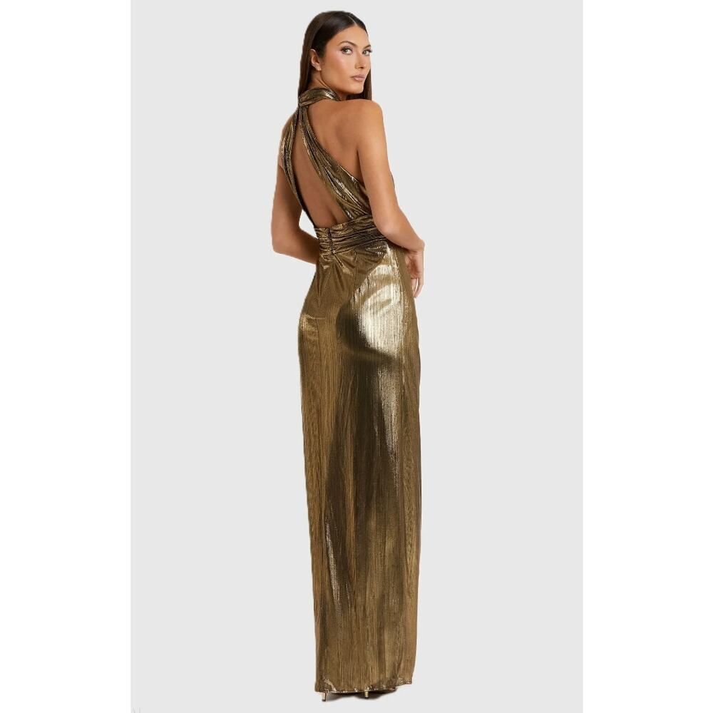 Mac Duggal Metallic Gold Halter Ruched High-Slit Mini Dress - Picture 2 of 7